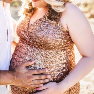 Pink Blush Maternity Gold Sequins Full Length Dress - Size L Photoshoot, Holiday